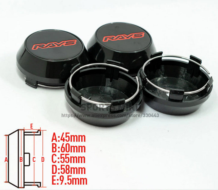 Brand new 4-piece set of 60mm ray wheel caps, rim center caps, badges, black and red chrome