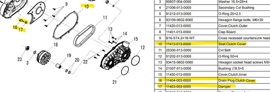 Drain plug, Drain plug rubber, Clutch Seal Cover Gasket for hisun 250CC 10 16