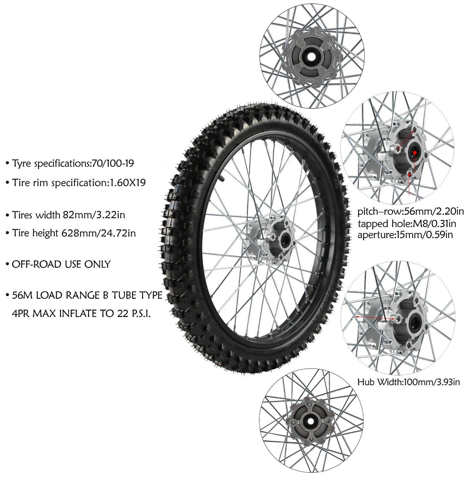 19-inch 70/100-19 front wheel tire and rim for CRF 125cc, 150cc, and 200cc Dirt Pit bicycles.