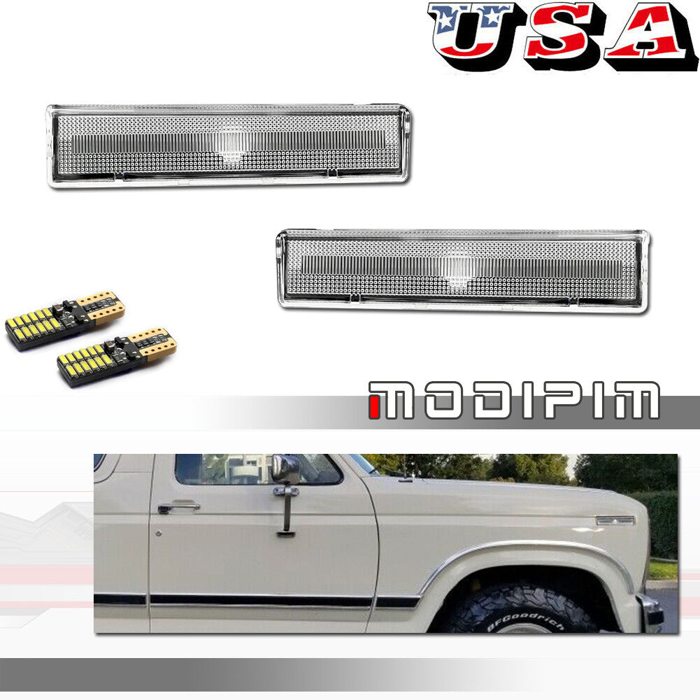 Transparent front corner side marker lights with amber bulbs suitable for 1980-1986 for Ford F150/250/350 models.