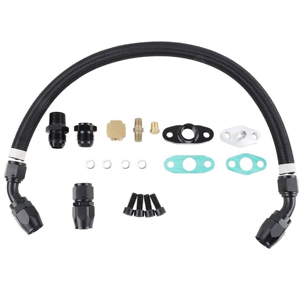 Universal Turbine Oil Line Feed Kit with Return Drain Flange T3 T4 T04E Oil Pan Plug