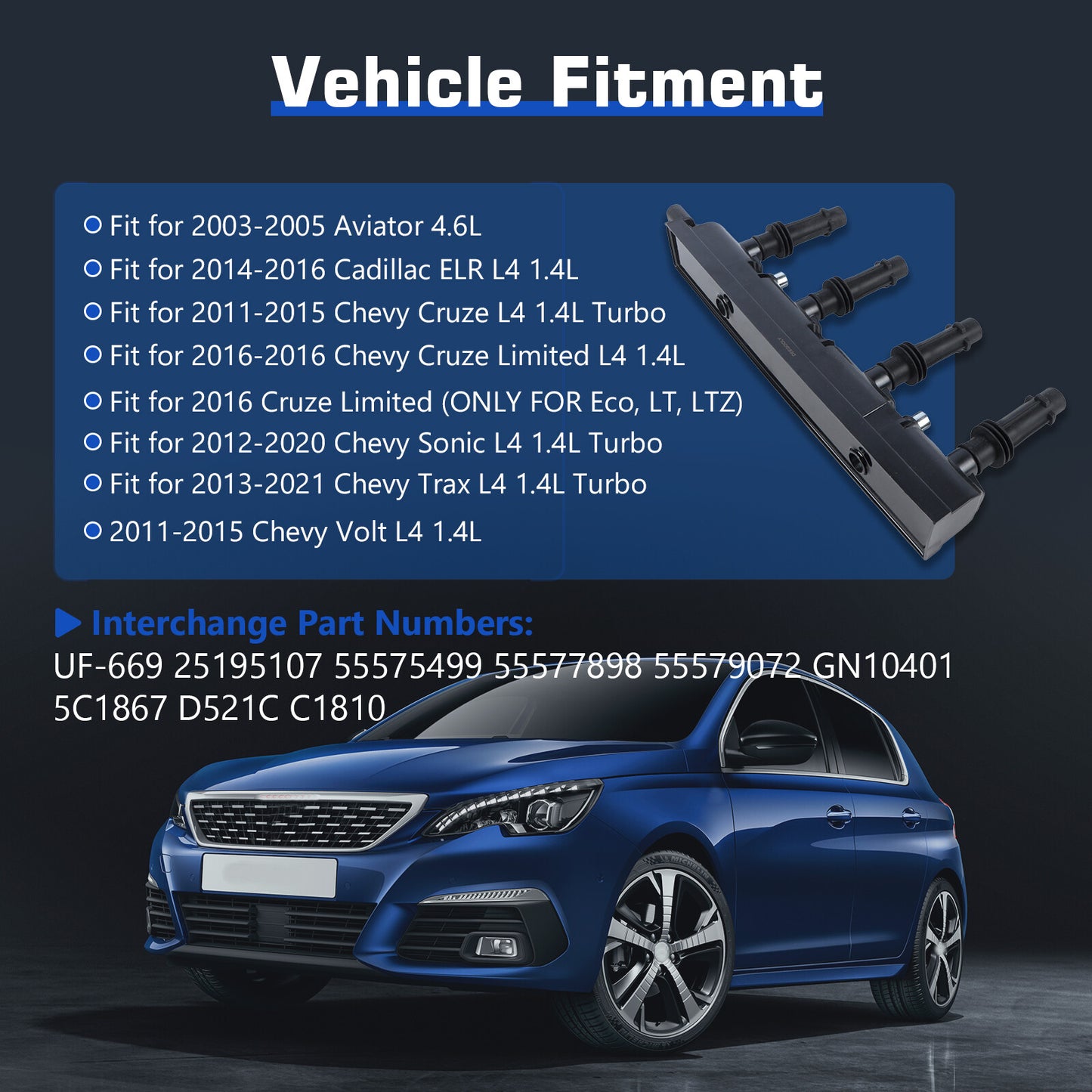 UF669 Ignition Coil Pack for Buick Encore for Chevy for Cruze Sonic Volt 1.4L L4 D521C