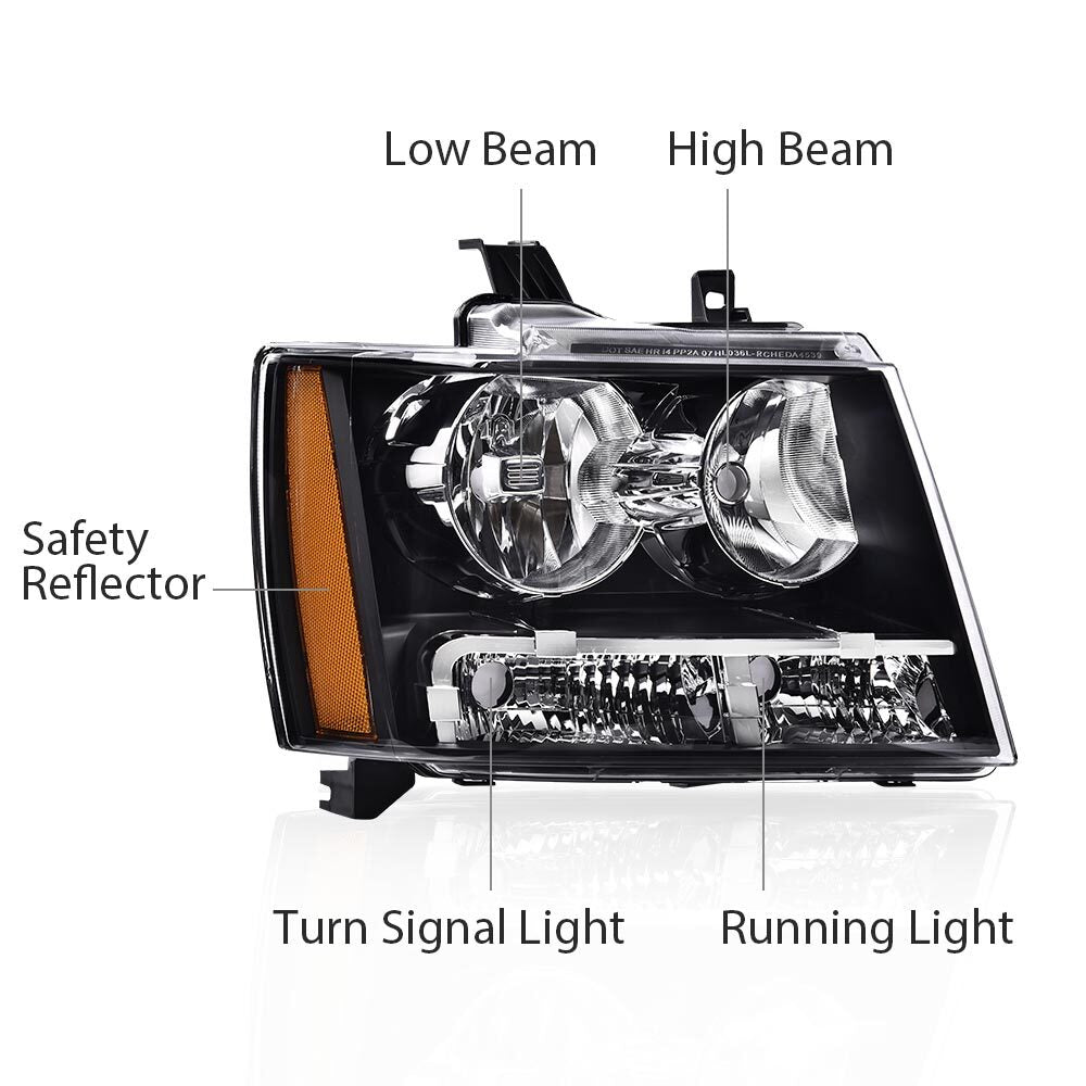 2-Piece Amber Corner Black Headlights for 07-14 for Chevrolet Avalanche Tahoe Suburban
