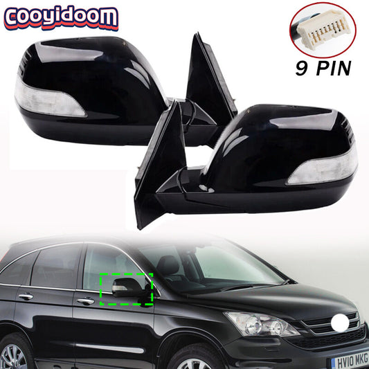 A pair of black door side mirrors with turn signals and heating, 9-pin fittings for Honda CRV 2007 - 2011