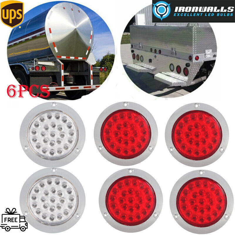 2-4pcs Red White New Round Stop Turn Tail Backup Reverse Truck Lights 24-LED