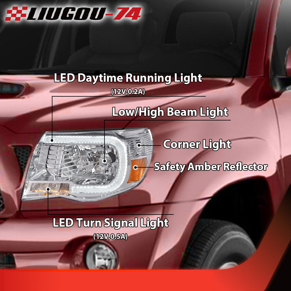 Suitable for Toyota Tacoma 2005 - 11 LED DRL tube chrome headlights