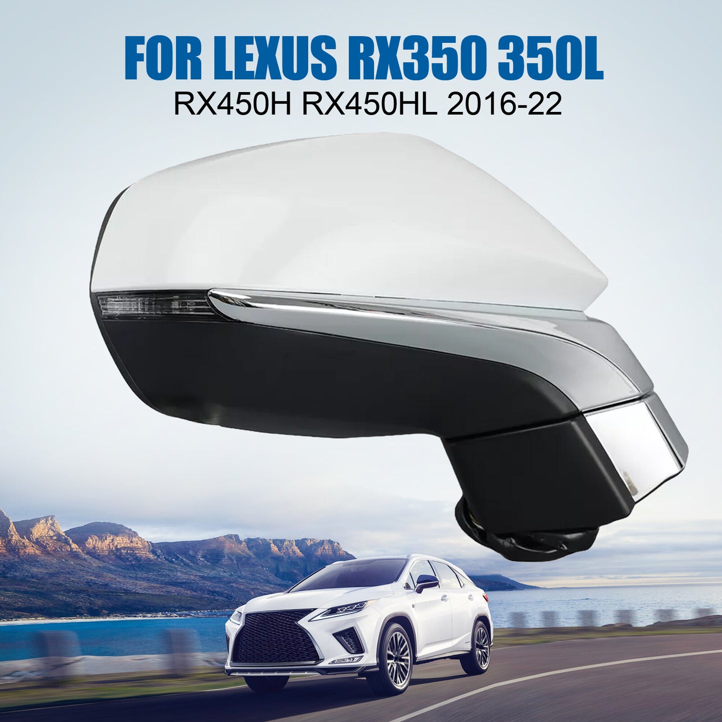 Applicable to for Lexus RX350, RX450h, RX450hL, 2016-22, right white side mirror with blind spot.