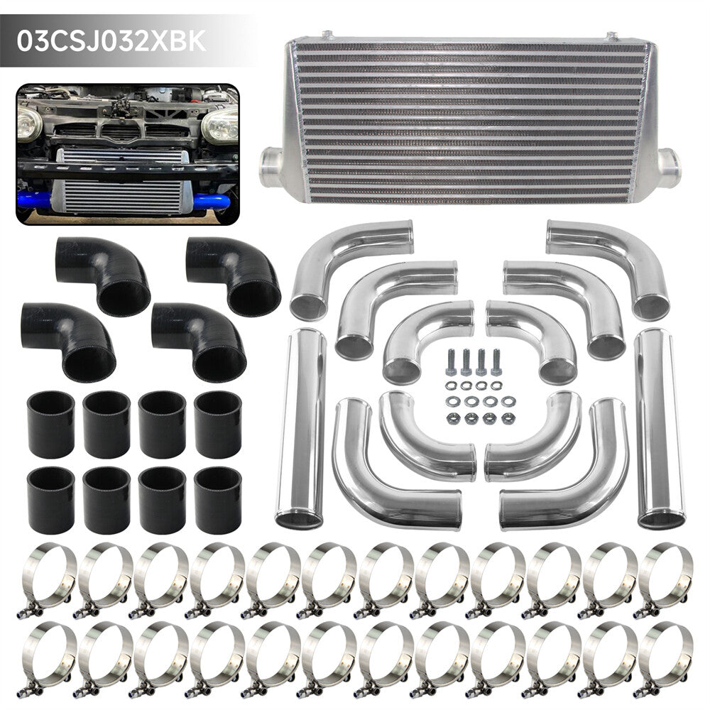 Universal Intercooler 600x300x76mm+12PCS 3 76mm Aluminum Piping Hose Clamps Kit