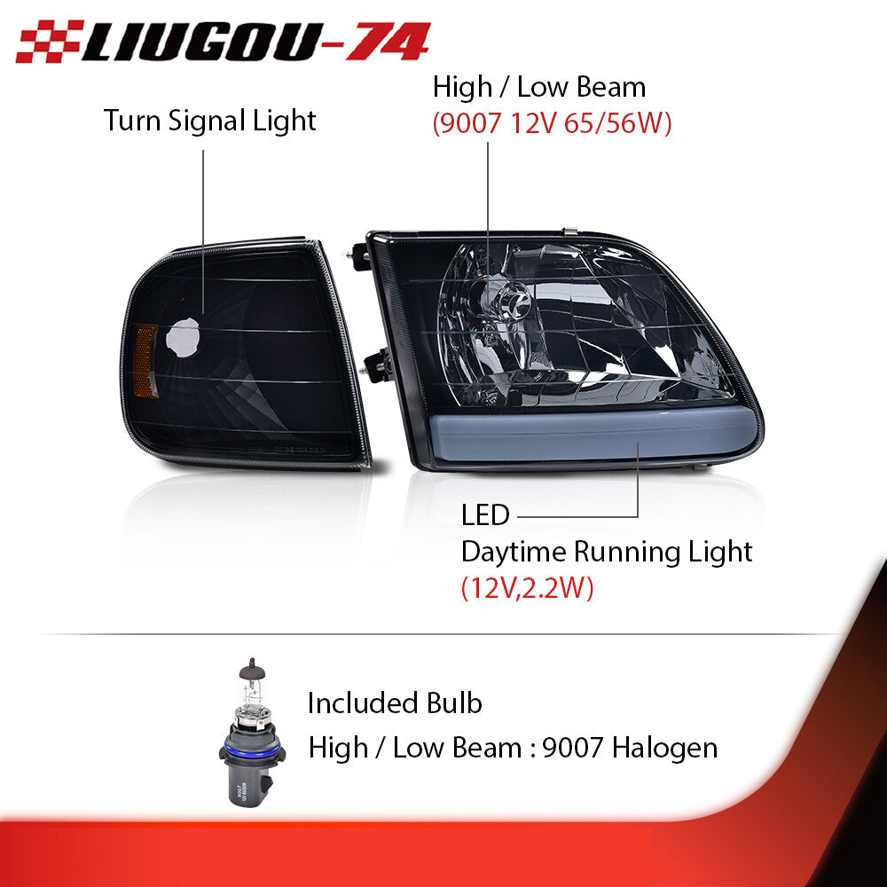 Fits 1997-04 F-150 Expedition Black/Smoked LED DRL Headlights and Corner Lights
