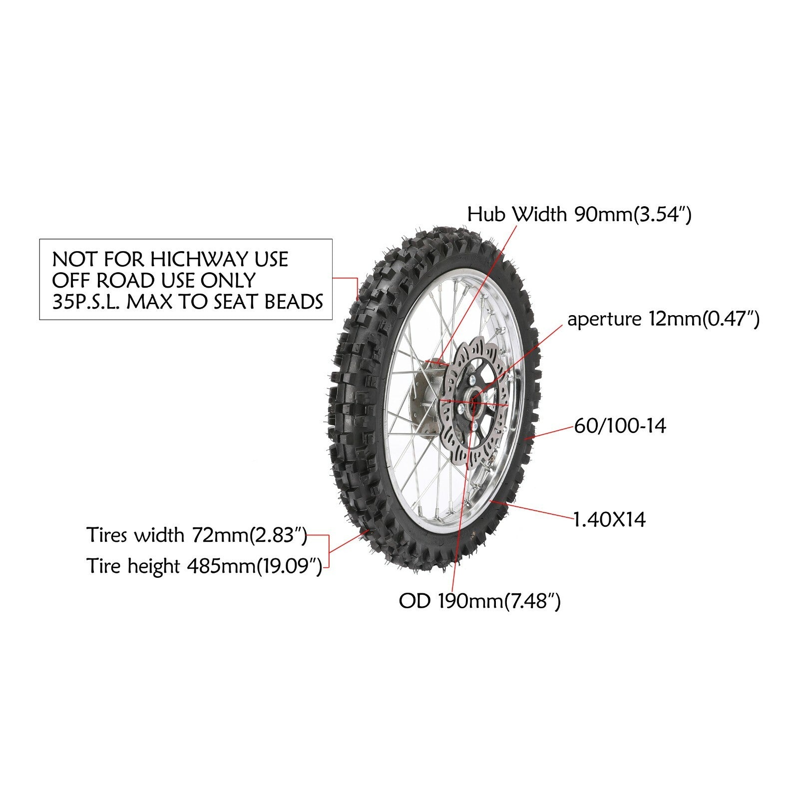 Front wheel 60/100-14, rim 2.50-14, Pit Dirt bicycle CRF50 SSR Apollo 110 125cc.