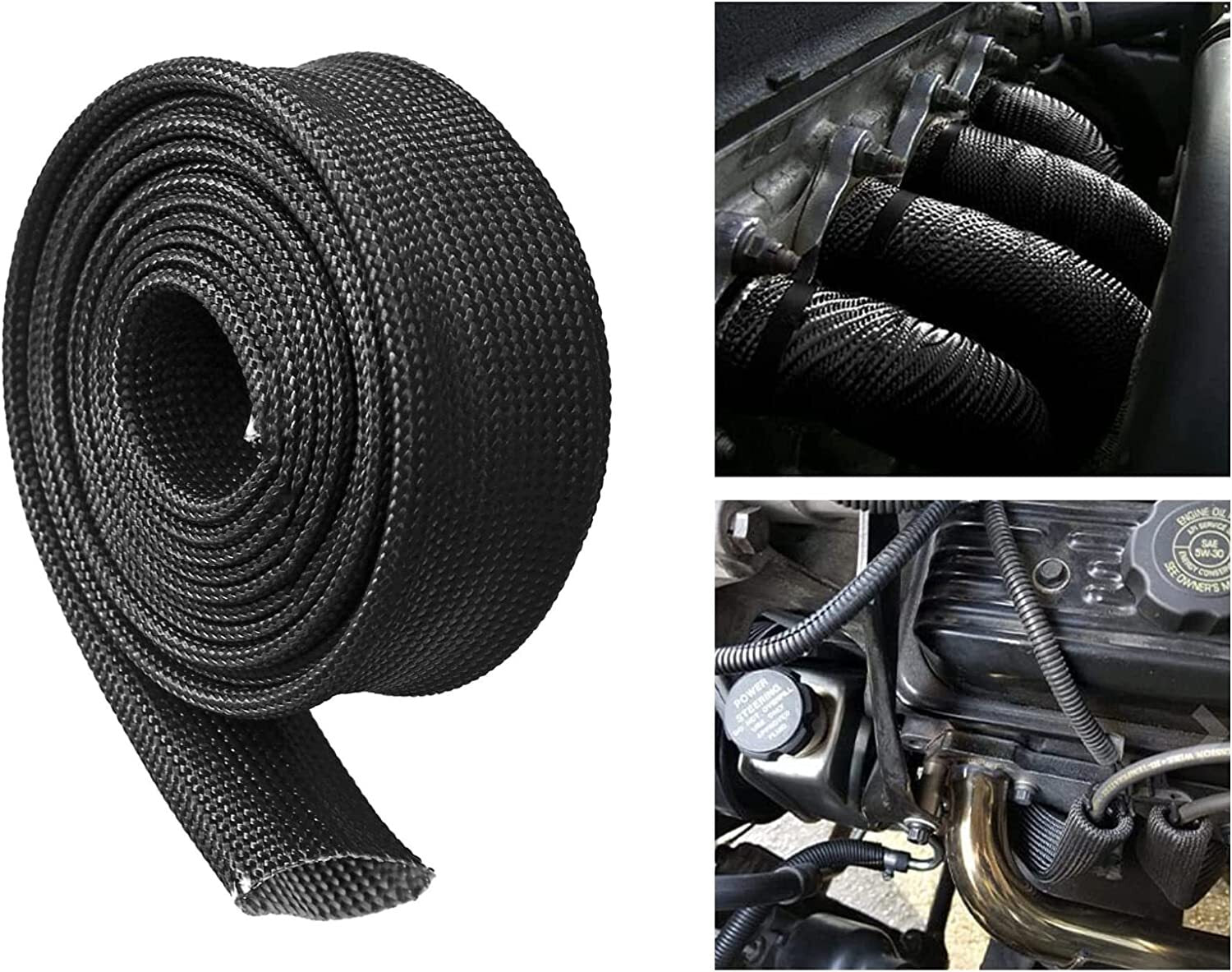 Adjustable flexible hose with heat-insulated fiberglass cover for hot spark plug wires suitable for automotive wiring.