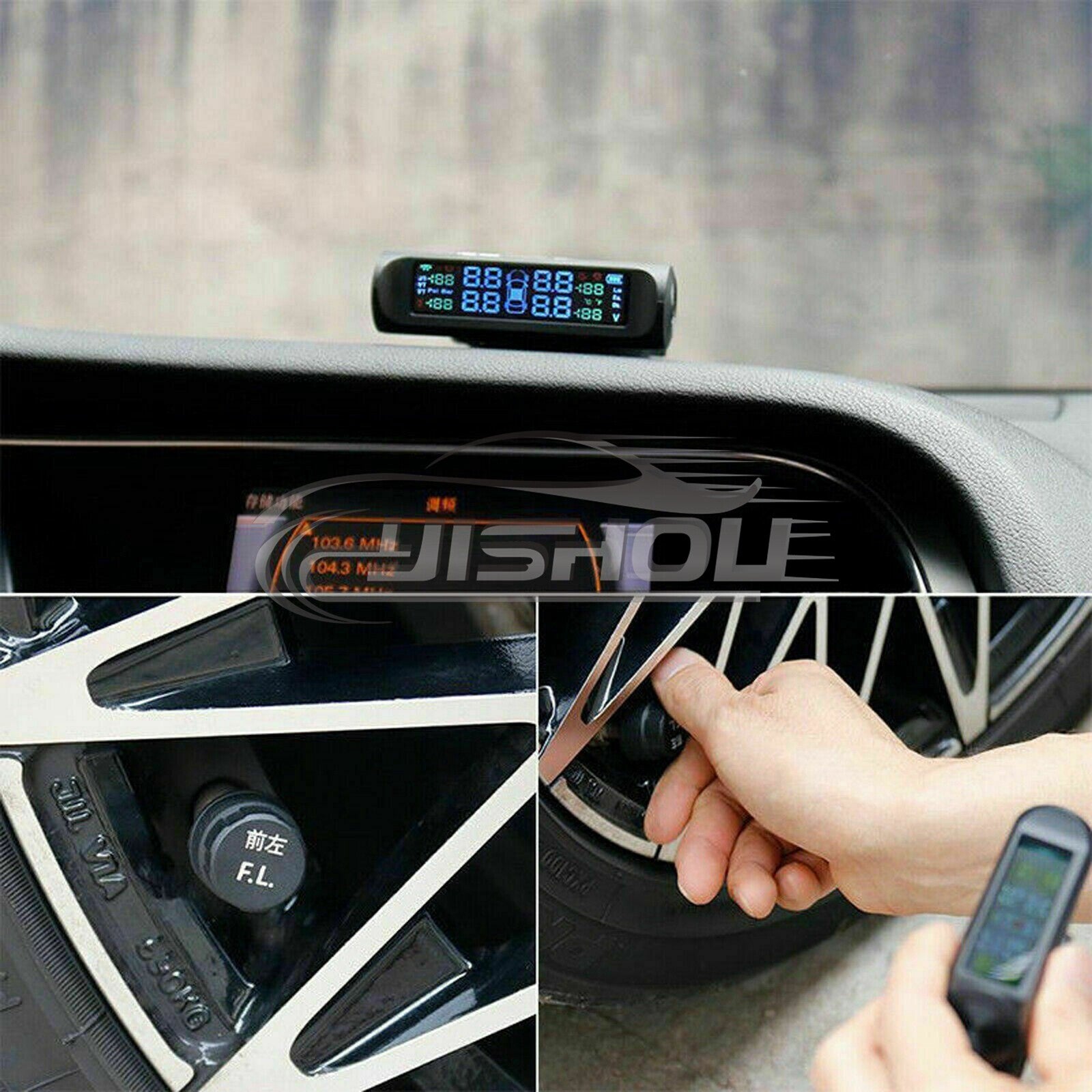 External tire pressure monitoring system with USB + solar-powered wireless automotive LCD screen and 4 TPMS sensors.