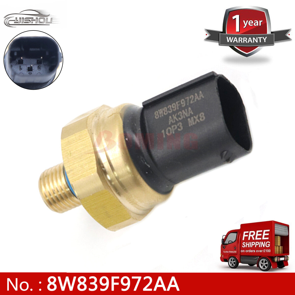 8W839F972AA Fuel Rail Pressure Sensor Transmitter for Ford Edge 12-16 2.0L Turbo (New)
