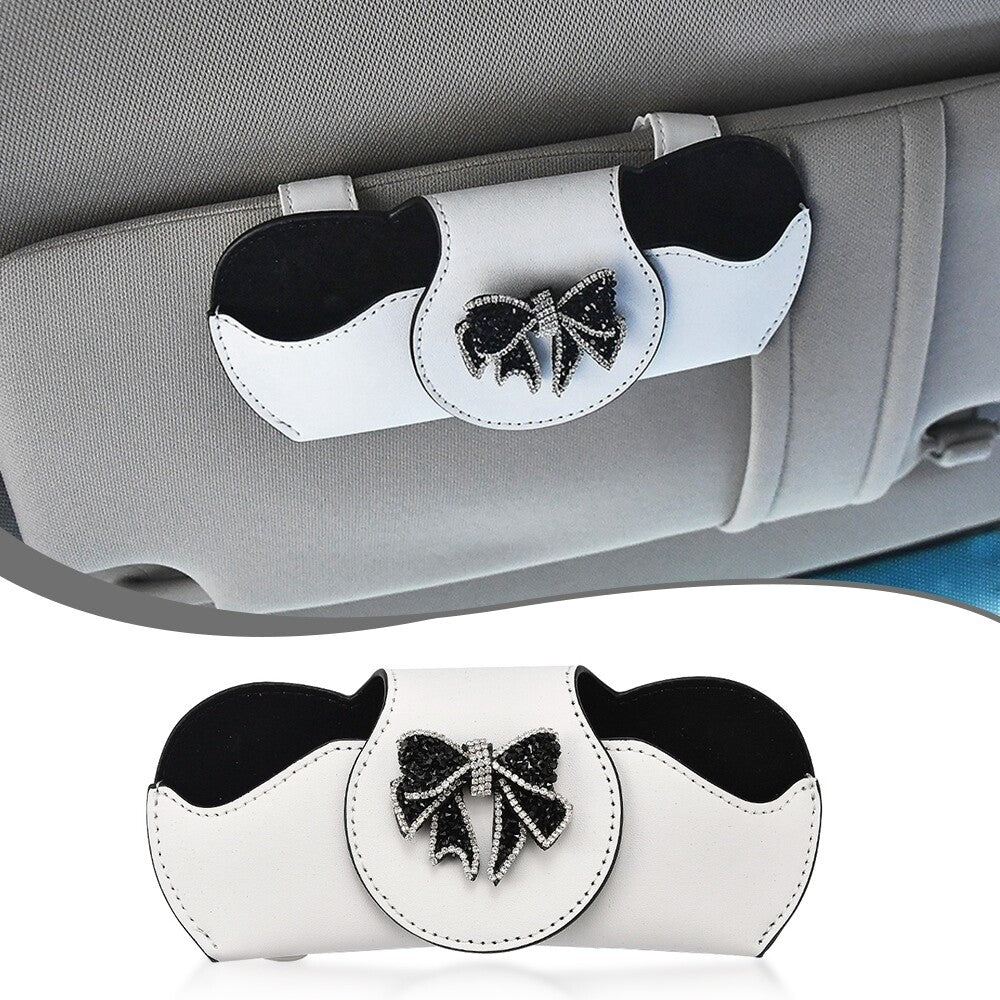 White Sunglasses Holder for Car Viso with Black Bow Glasses Case Protective Box