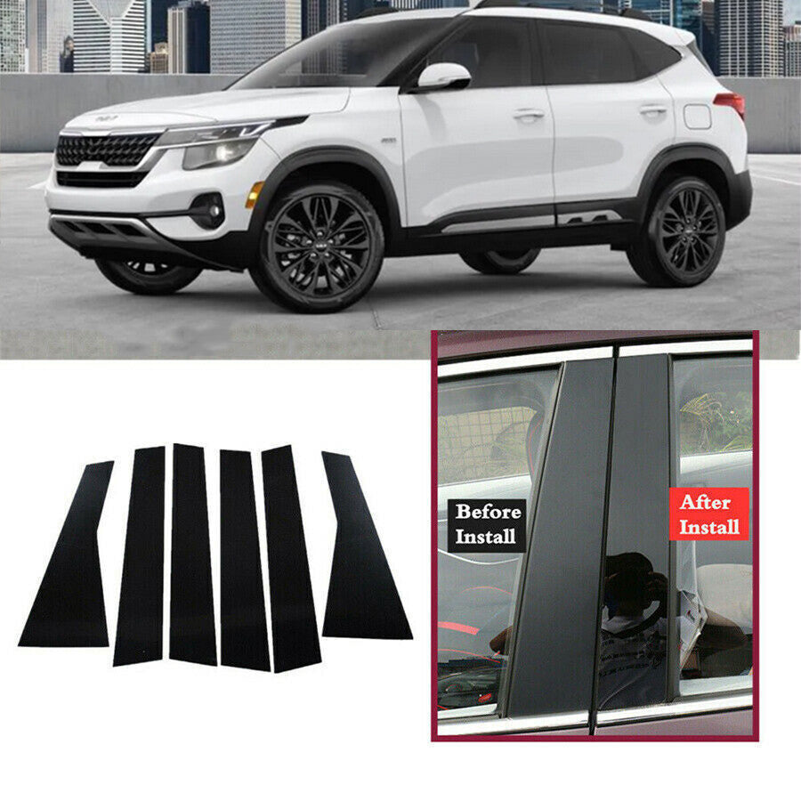 for KIA Seltos 2020-2023 6pc Black Pillar Posts Set Door Trim Piano Cover Kit