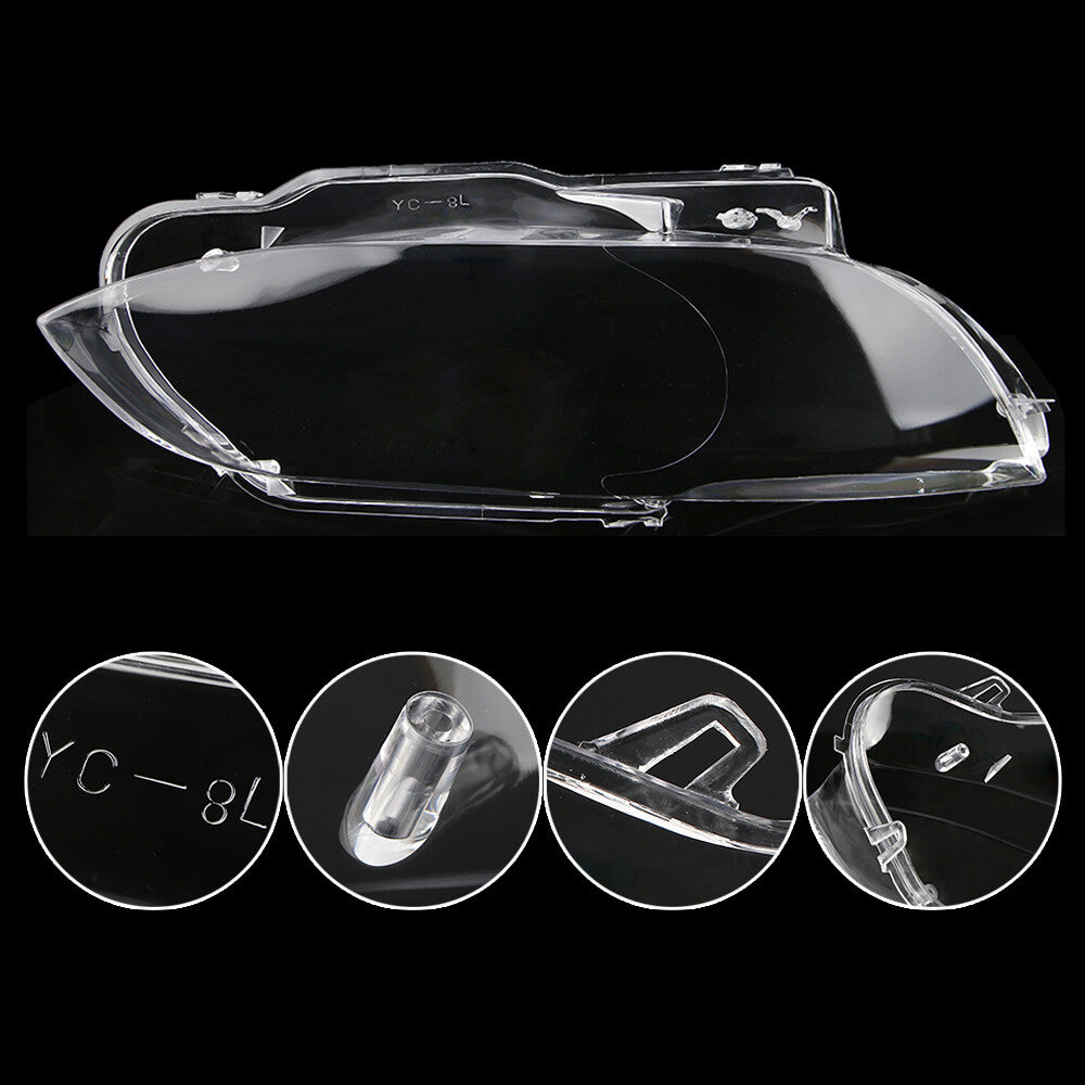 A pair of transparent headlight lens protective covers for BMW E92, E93, Coupe, and M3 (2006-2010).