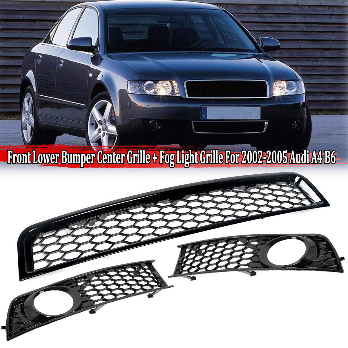 3-piece front lower grille + fog light grille trim set suitable for 2002-05 for Audi A4 B6 sedans - protective cover