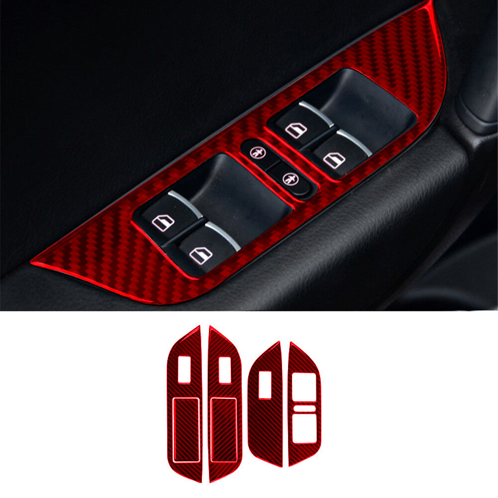 Red 6Pcs Window Switch Button Trim Cover Carbon Fiber for VW Touareg 2011-2018
