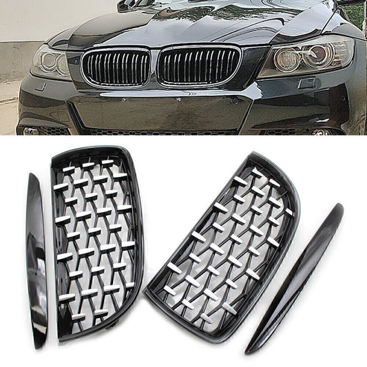 for BMW E90 2005-08 2x Front Black Frame Chrome Grille Diamond Meteor Style