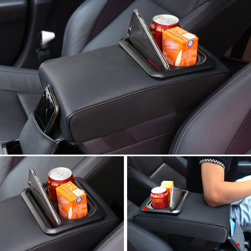 Car armrest cushion, center console cover, rear for seat cup holders, black