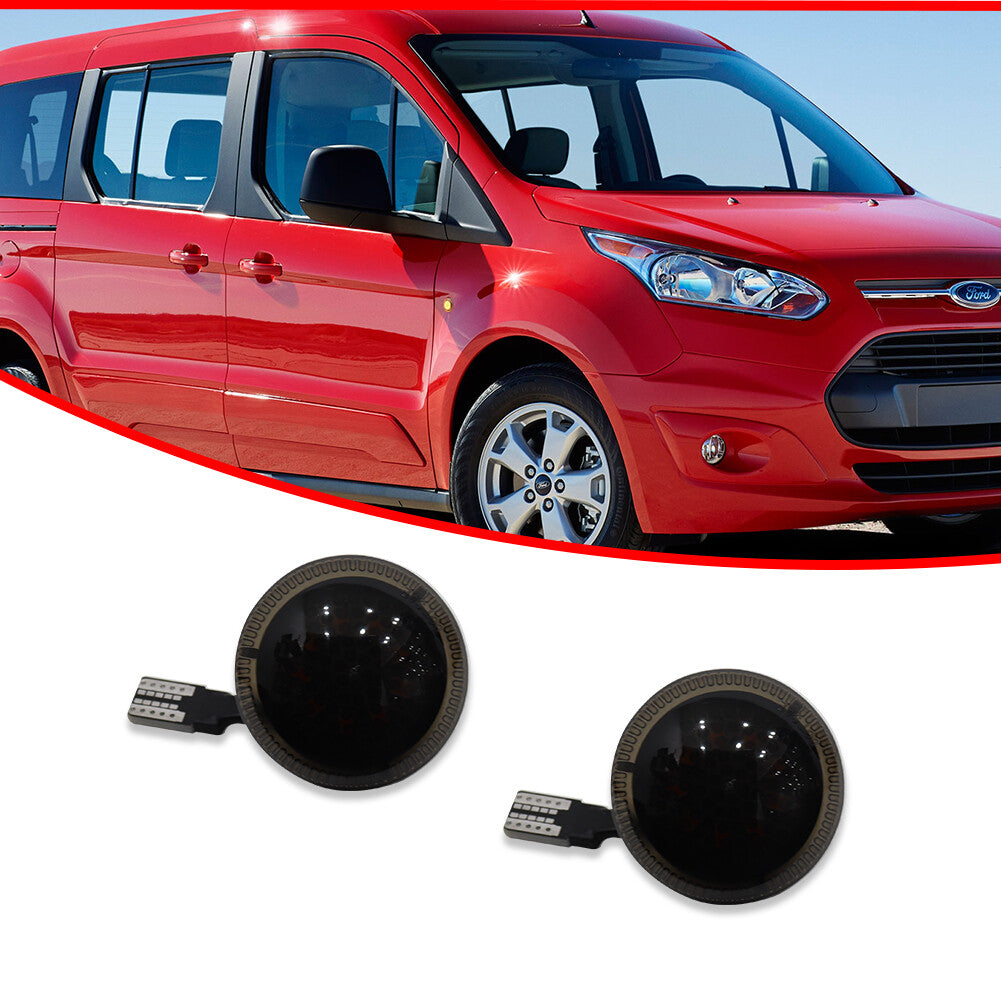 Suitable for 10+ for Ford Transit Connect side fender turn signals with smoked lenses and amber LEDs.