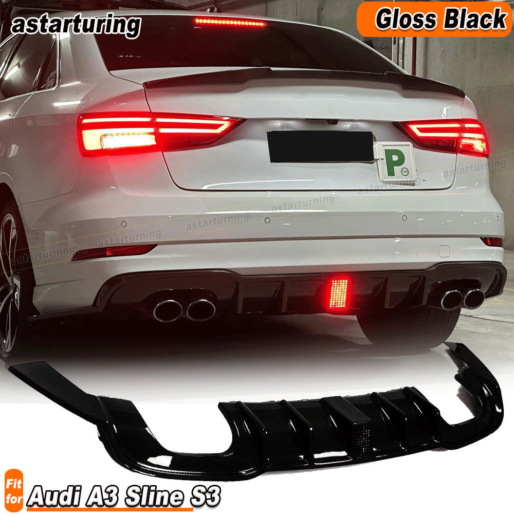 for Audi A3 Sline S3 Sedan 2017-20 Gloss Black Rear Bumper Diffuser Lip W/Light