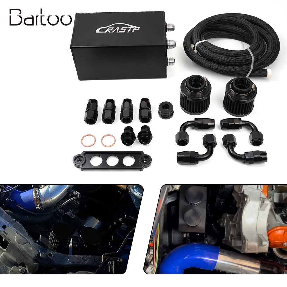 10AN Oil Catch Can Reservoir Tank 4 Port Dual Breather Filter Baffled Kit Black