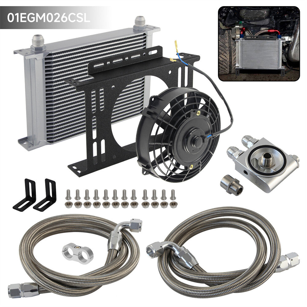 Universal 25 Row AN10 Thermostatic 73 Degree Oil Cooler Kit SL+7'' Fan w/Bracket