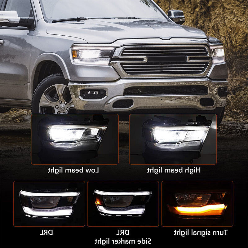 Passenger for Dodge for RAM 1500 2019 2021-2023 Full LED DRL Chrome Headlight Lamp