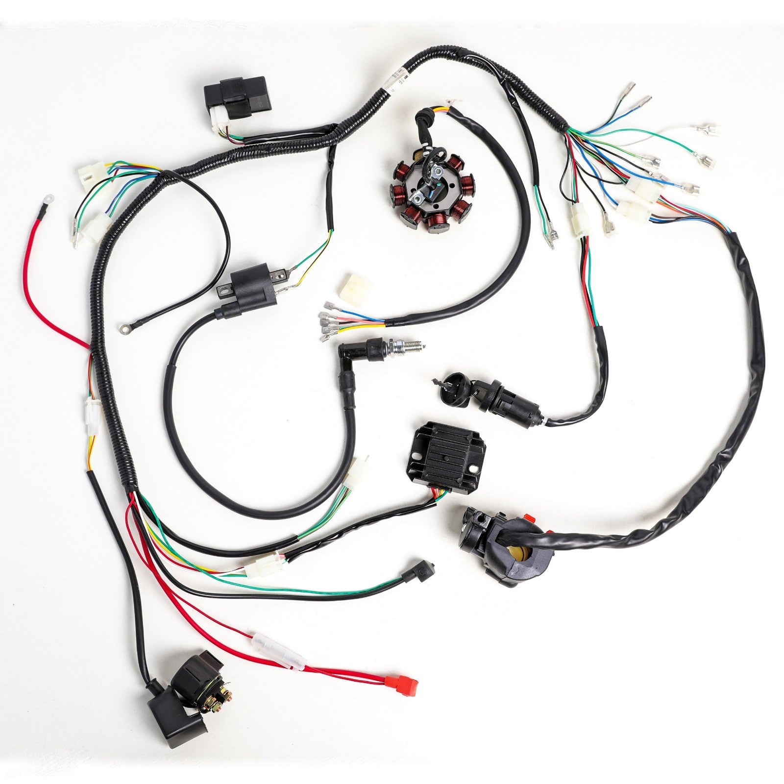 Complete electric wiring harness for 250cc Dirt Pit bicycles, all-terrain vehicles, go-karts, and four-wheel off-road vehicles.