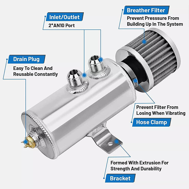 Oil Catch Can Reservoir Tank w/Breather Filter Baffled Kit 10AN Aluminum SIilver