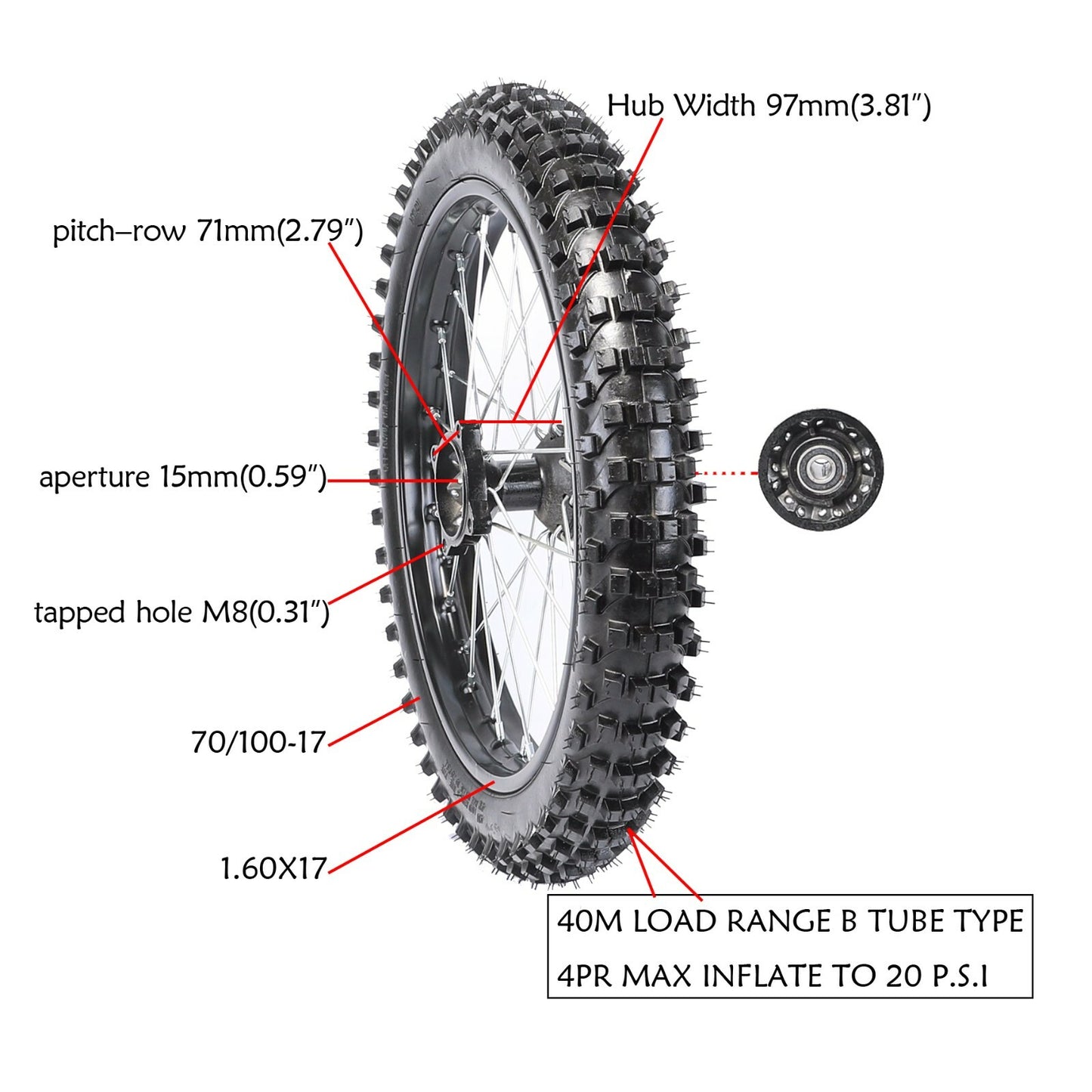 17-inch front wheel, 70/100-17 tire, rim assembly, dirt pit bicycle, Taodao SSR 125cc, 15mm