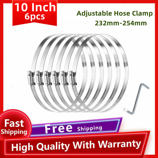 10-inch hose clamp, 304 stainless steel, worm gear adjustable, 232mm-254mm.