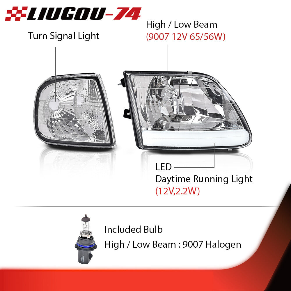 Suitable for 1997-2004 F-150 Expedition 2-piece LED DRL headlights and cornering lights in chrome.