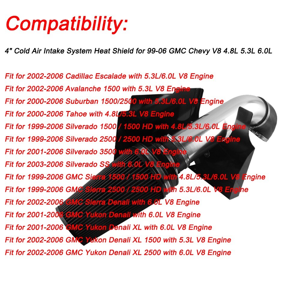 4inch Heat Shield Cold Air Intake+Filter For 99-06 for Chevy V8 4.8L/5.3L/6.0L Black