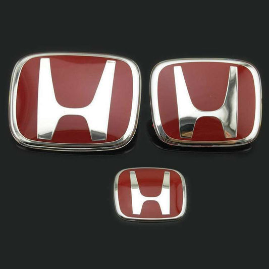 3-Piece JDM Red H Badge Front and Rear Steering Fits 2016-21 for Civic Sedan 4 Dr