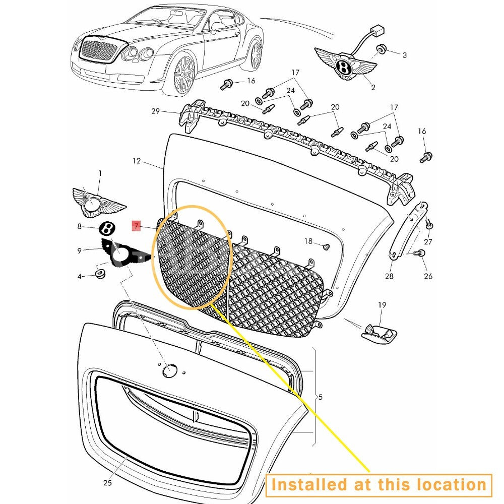 Right front radiator grille for BENTLEY 2004 - 2010 . Equipment Manufacturer: 3W0853684C