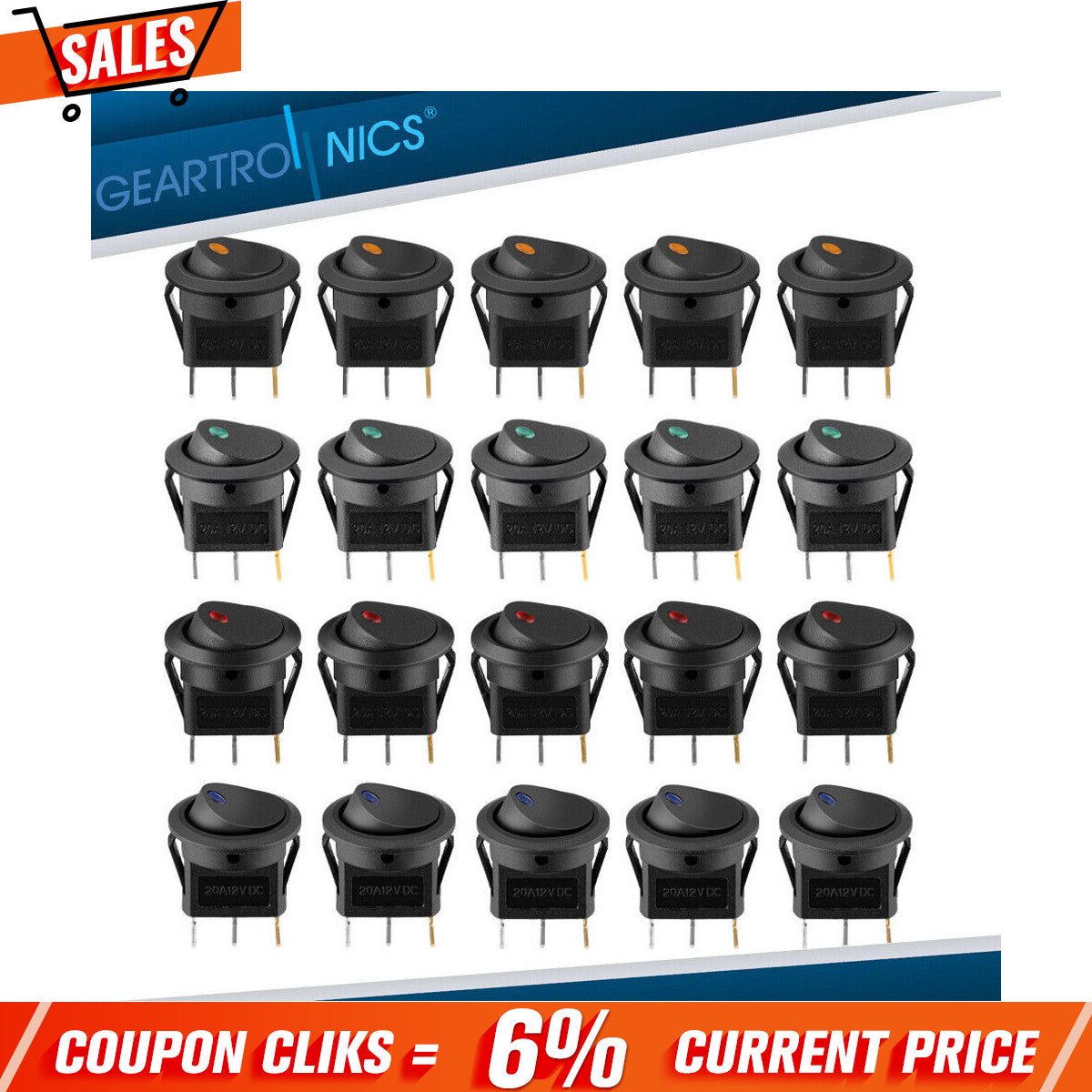 20PCS ROCKER SWITCH Toggle Led Light Car Auto Boat Round ON/OFF SPST 20 AMP 12V