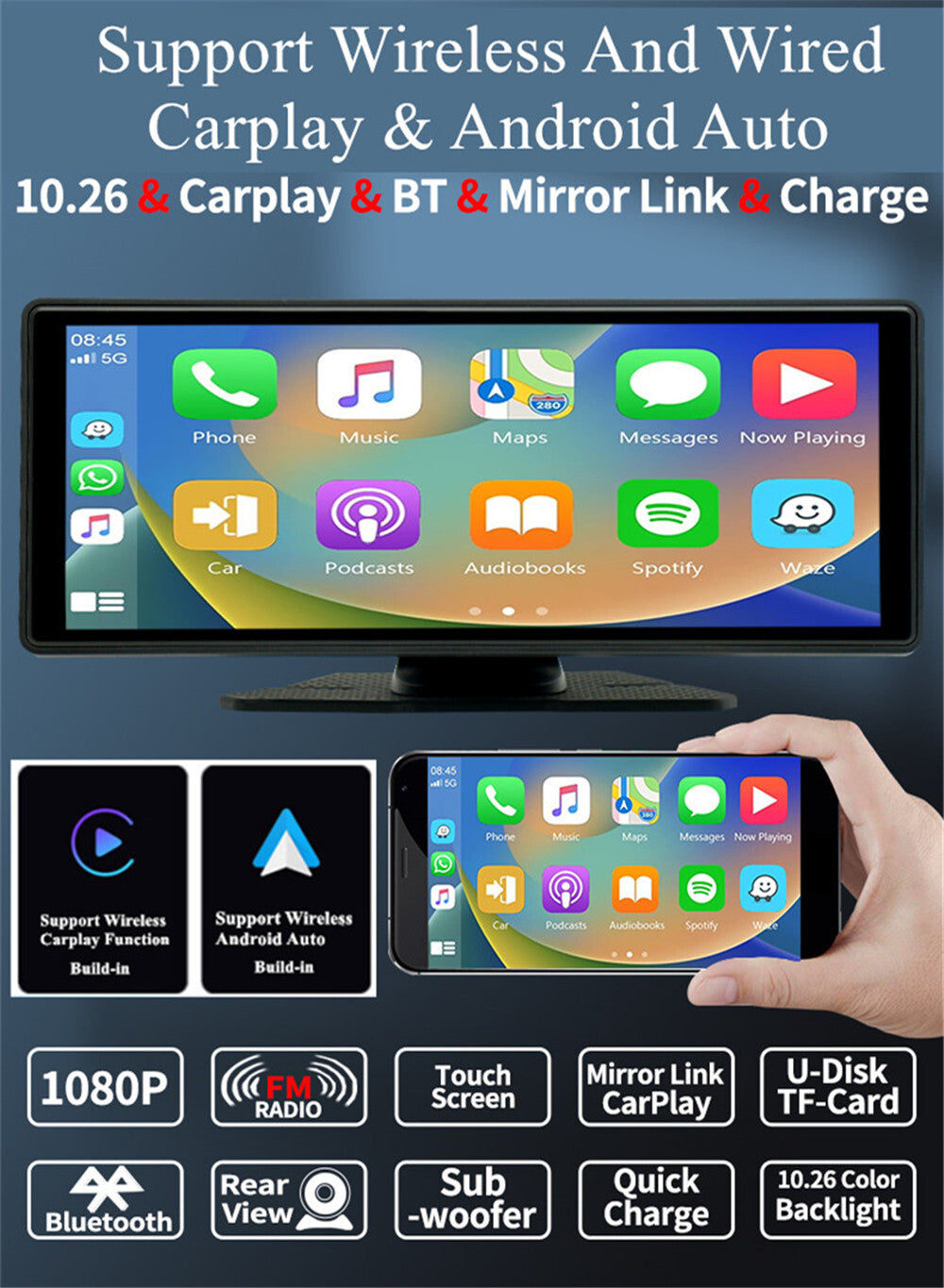 10.26 Portable Touch Screen Car Radio For CarPlay Multimedia Player W/Cam