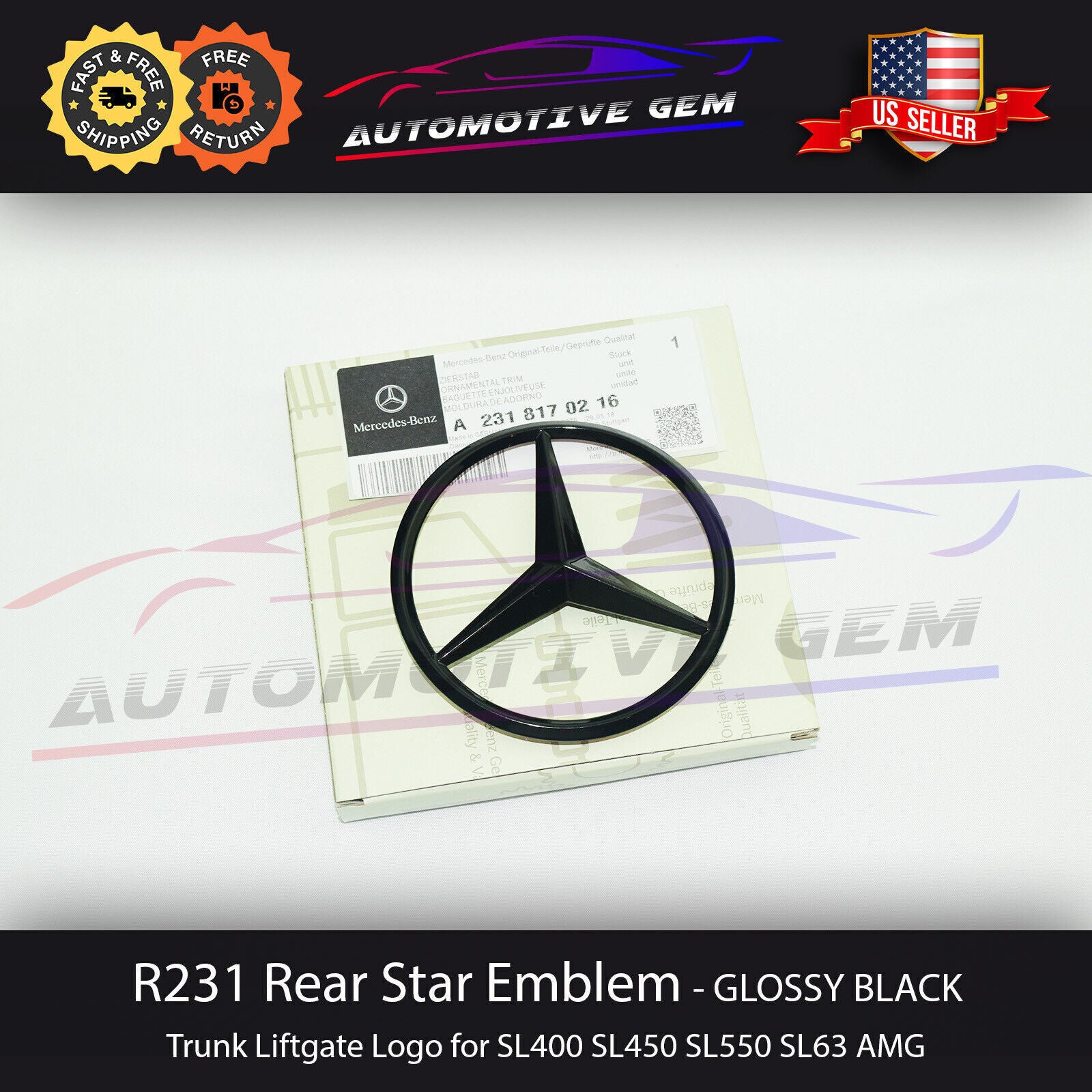 R231 SL63 AMG Trunk Star Emblem GLOSS BLACK Rear Logo Badge AMG SL450 SL550